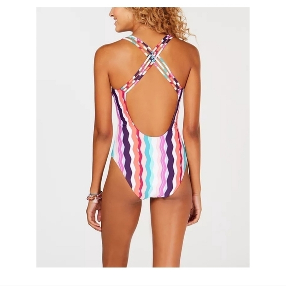 Bar III sz large striped one piece plunge cutout swimsuit new with tags SW2 - Picture 2 of 5